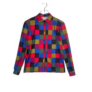 Vintage 60s Colorful Checkered Button Up Long Sleeve Shirt Size 4 Made in USA